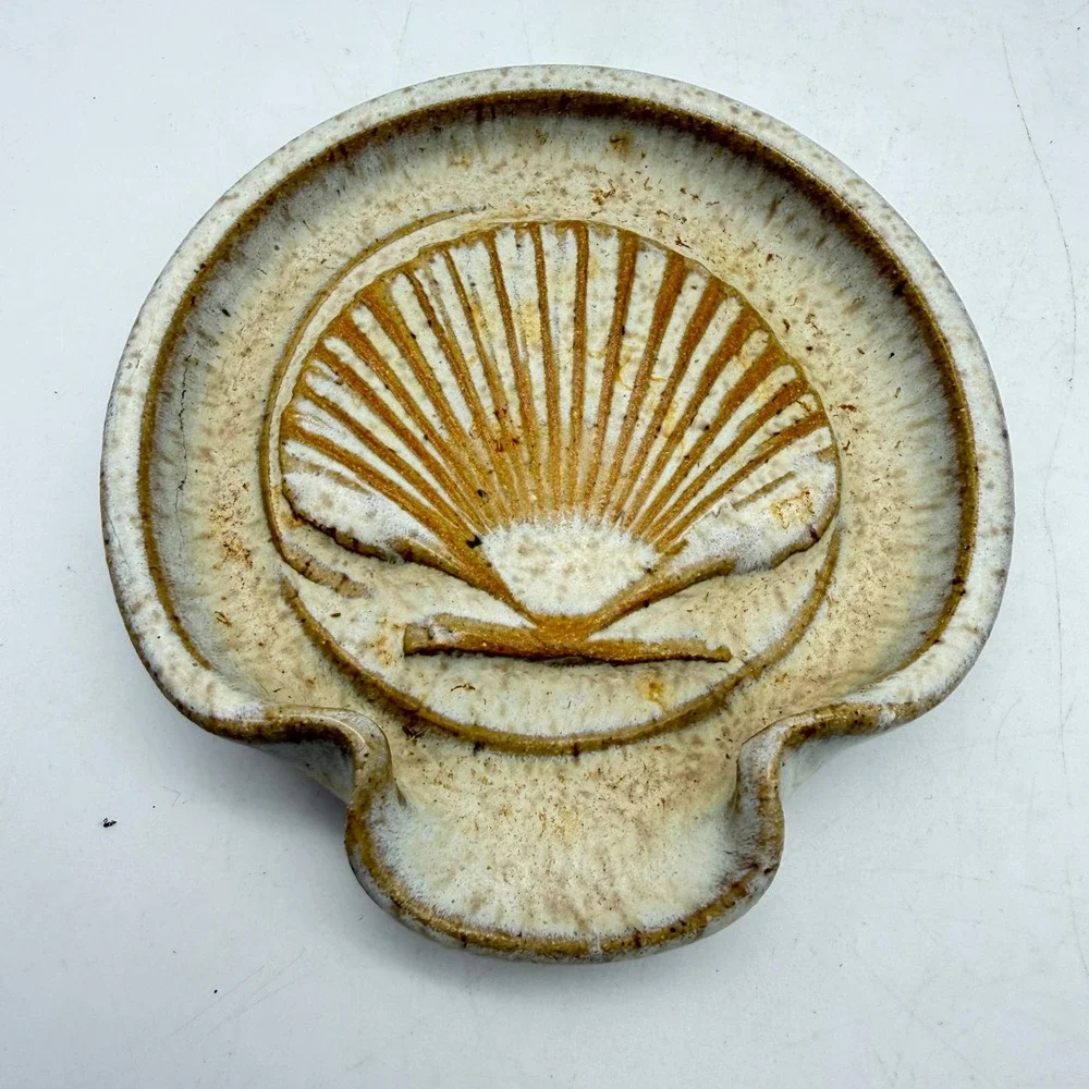 Studio Pottery Seashell Spoon Rest Signed RL Stoneware Scallop Shell Coastal